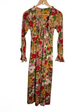 Vintage 1970s nude pop art floral ruffle tie waist maxi dress